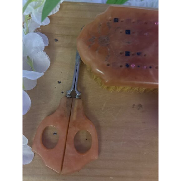 Vintage Ladies Celluloid-Bakelite Vanity  Set With Brush Scissors & Trinket Box - Picture 7 of 16